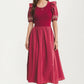 Puff Sleeve Midi Dress with Embroidered Trim