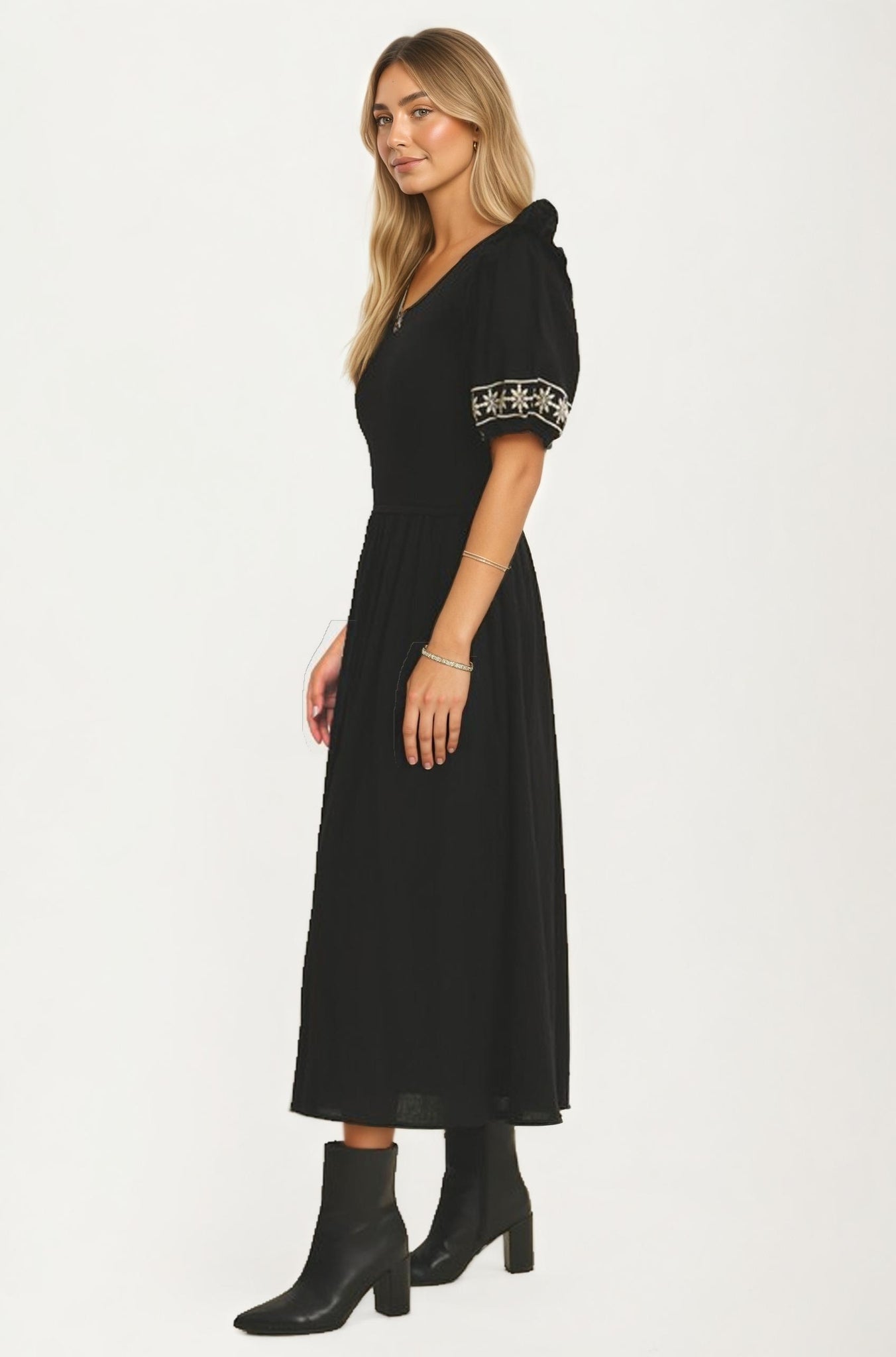 Puff Sleeve Midi Dress with Embroidered Cuffs