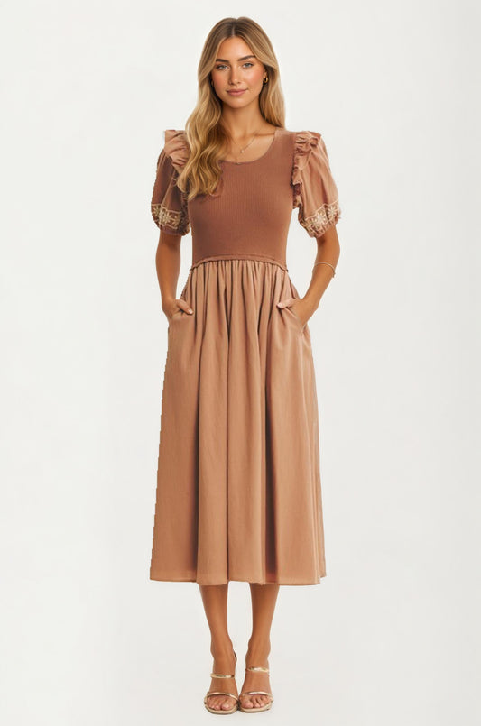 Puff Sleeve Midi Dress with Embroidered Detail
