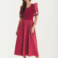 Puff Sleeve Midi Dress with Embroidered Trim
