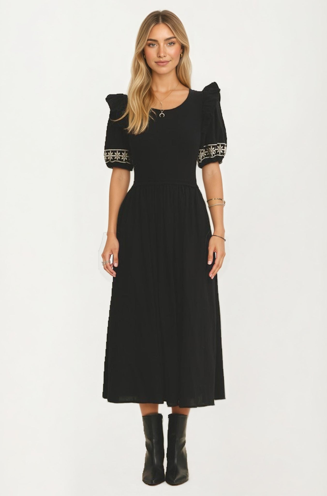 Puff Sleeve Midi Dress with Embroidered Cuffs