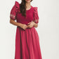 Puff Sleeve Midi Dress with Embroidered Trim