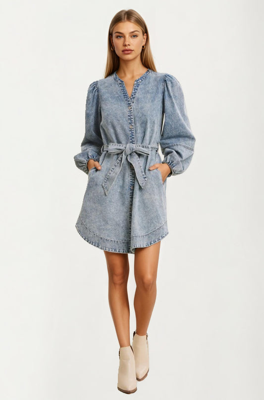 Long Sleeve Denim Mini Dress with Puff Shoulders and Tie Waist