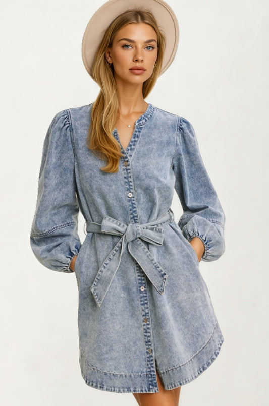 Long Sleeve Denim Mini Dress with Puff Shoulders and Tie Waist