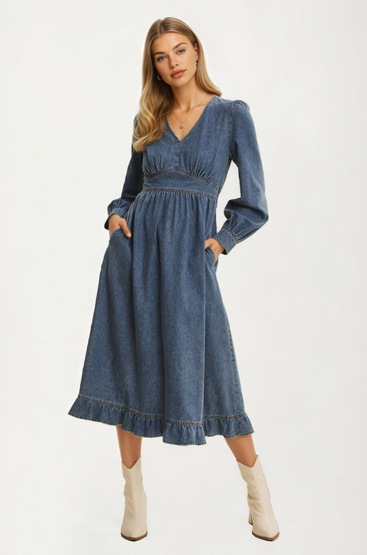 Long Sleeve Denim Midi Dress with V-Neck and Ruffle Hem