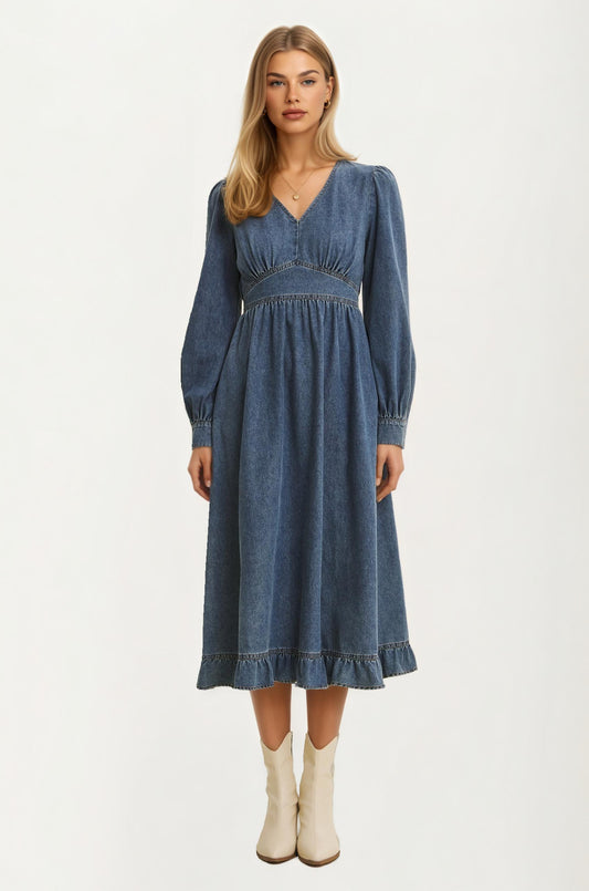 Long Sleeve Denim Midi Dress with V-Neck and Ruffle Hem