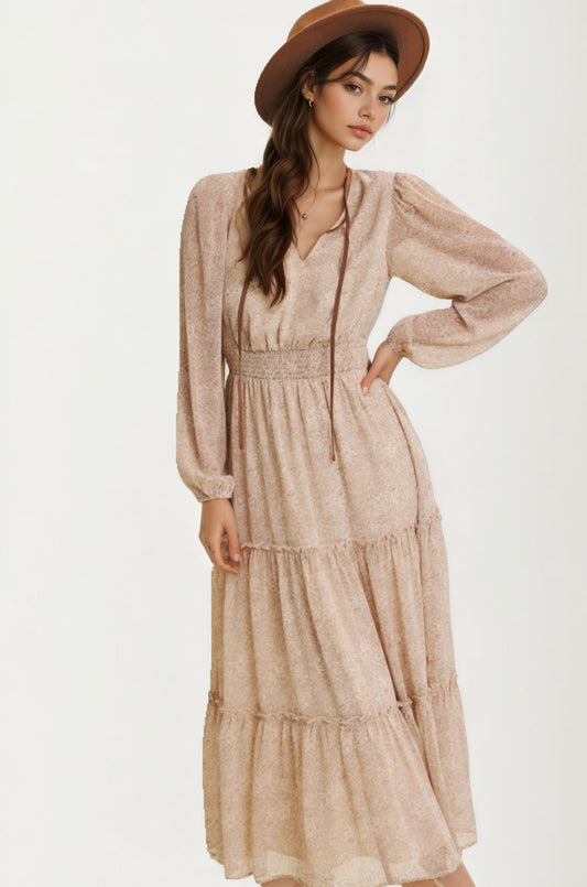 Long Sleeve Tiered Maxi Dress with Subtle Print