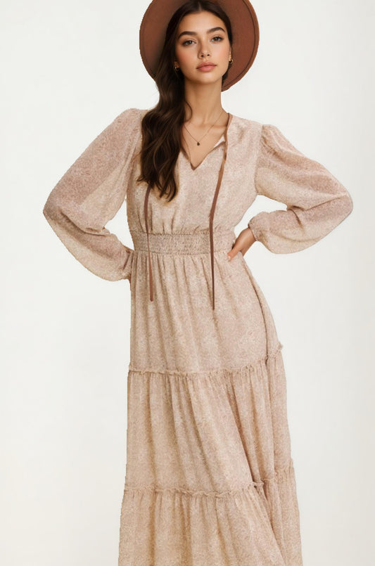 Long Sleeve Tiered Maxi Dress with Subtle Print