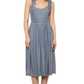 Washed Blue Midi Dress Tie Straps Scoop Neck Fitted Bodice Gathered Skirt