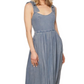 Washed Blue Midi Dress Tie Straps Scoop Neck Fitted Bodice Gathered Skirt