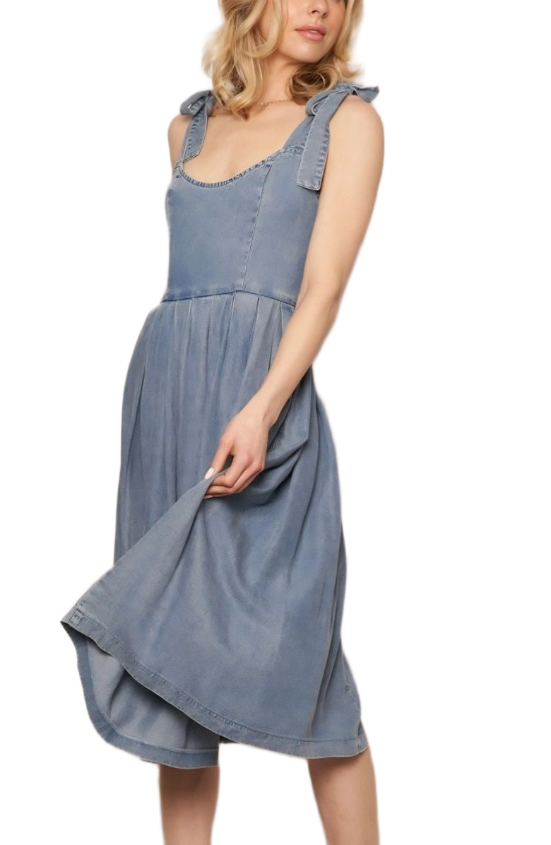 Washed Blue Midi Dress Tie Straps Scoop Neck Fitted Bodice Gathered Skirt