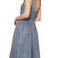 Washed Blue Midi Dress Tie Straps Scoop Neck Fitted Bodice Gathered Skirt