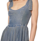 Washed Blue Midi Dress Tie Straps Scoop Neck Fitted Bodice Gathered Skirt