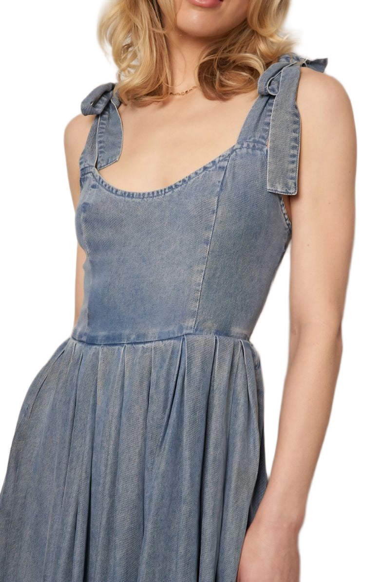 Washed Blue Midi Dress Tie Straps Scoop Neck Fitted Bodice Gathered Skirt