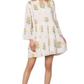 Floral Embroidered Mini Dress Tiered Skirt Bell Sleeves Notch Neckline White