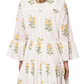 Floral Embroidered Mini Dress Tiered Skirt Bell Sleeves Notch Neckline White