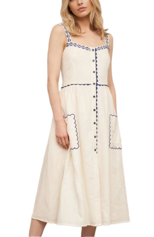 Button Front Midi Dress Scallop Trim Contrast Stitching Patch Pockets Sleeveless