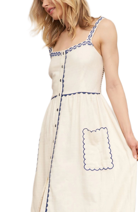 Button Front Midi Dress Scallop Trim Contrast Stitching Patch Pockets Sleeveless