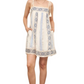 Embroidered Mini Dress Tie Straps Tassel Detail Boho Cream Blue Trim