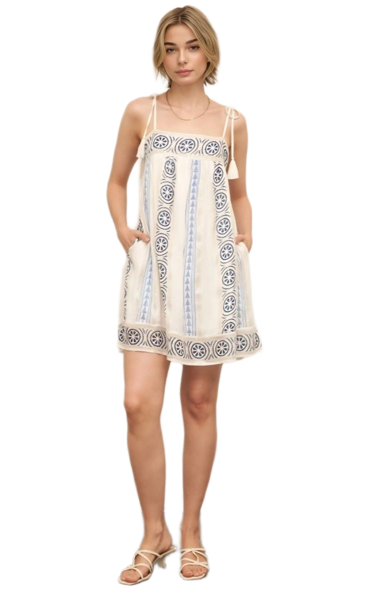 Embroidered Mini Dress Tie Straps Tassel Detail Boho Cream Blue Trim