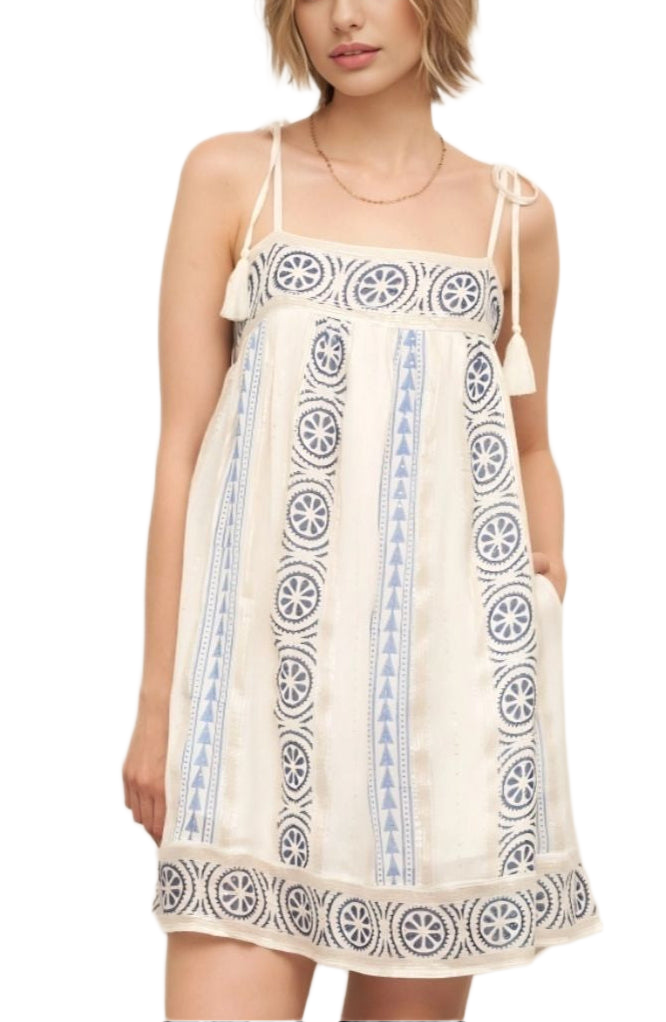 Embroidered Mini Dress Tie Straps Tassel Detail Boho Cream Blue Trim