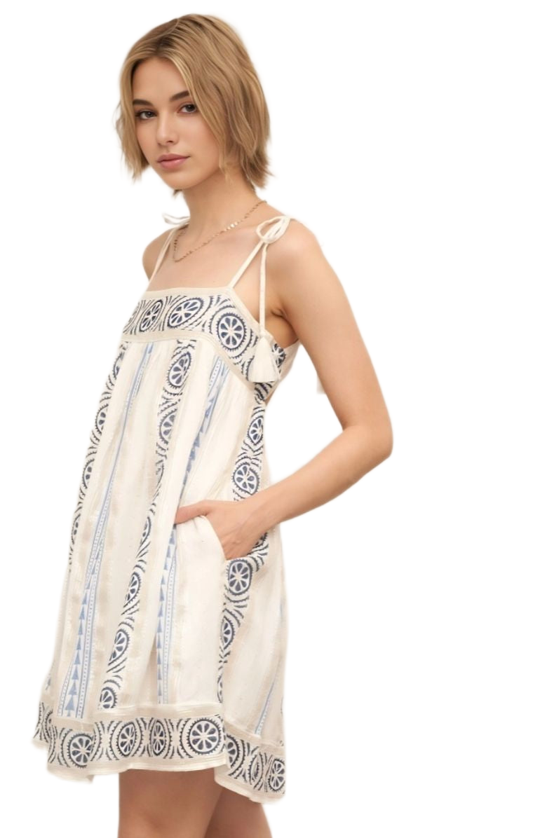 Embroidered Mini Dress Tie Straps Tassel Detail Boho Cream Blue Trim