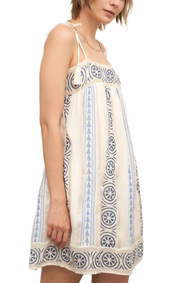 Embroidered Mini Dress Tie Straps Tassel Detail Boho Cream Blue Trim