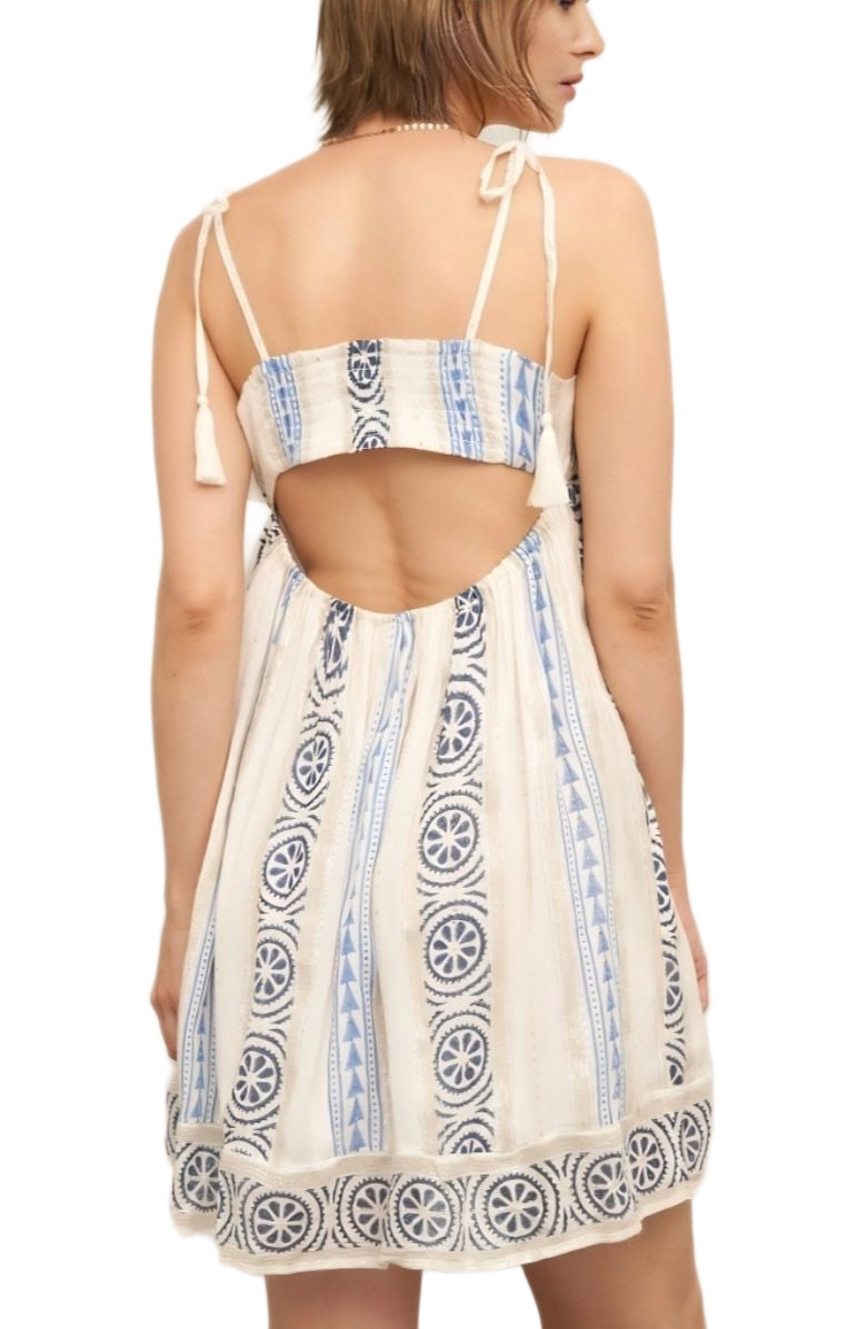 Embroidered Mini Dress Tie Straps Tassel Detail Boho Cream Blue Trim