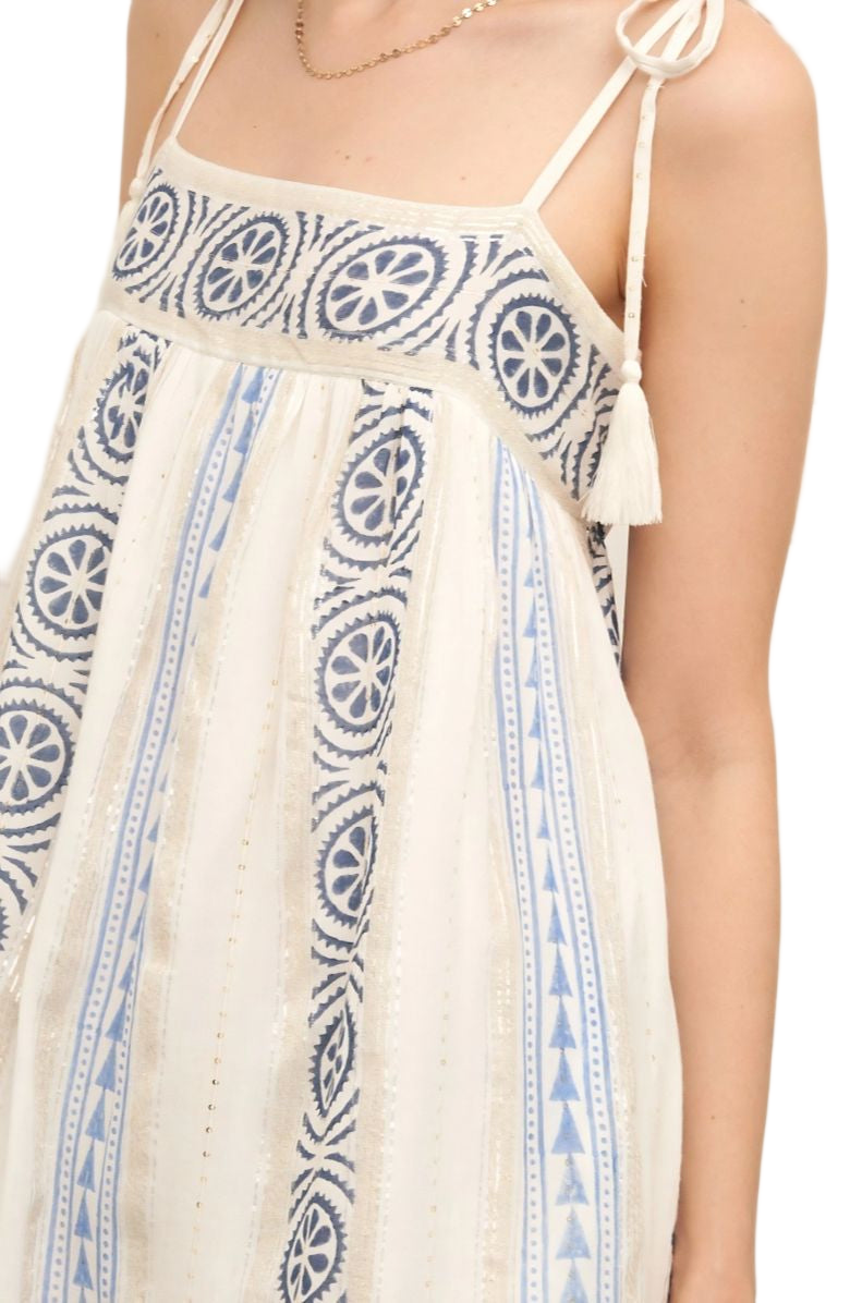 Embroidered Mini Dress Tie Straps Tassel Detail Boho Cream Blue Trim