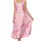 Floral Midi Dress Wide Straps Fitted Bodice Full Skirt Pink Botanical Print