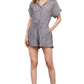 Striped Romper Button Front Drawstring Waist Short Sleeves Cuffed Hem Slate Blue