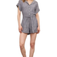 Striped Romper Button Front Drawstring Waist Short Sleeves Cuffed Hem Slate Blue