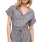 Striped Romper Button Front Drawstring Waist Short Sleeves Cuffed Hem Slate Blue