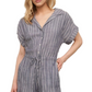 Striped Romper Button Front Drawstring Waist Short Sleeves Cuffed Hem Slate Blue