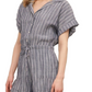 Striped Romper Button Front Drawstring Waist Short Sleeves Cuffed Hem Slate Blue