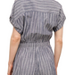 Striped Romper Button Front Drawstring Waist Short Sleeves Cuffed Hem Slate Blue