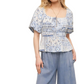 Boho Peasant Top Puff Sleeves Tie Front Smocked Waist Blue Patchwork Print