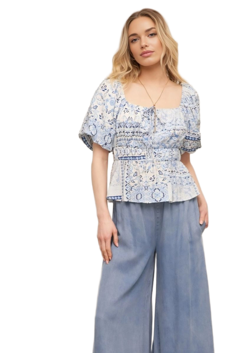 Boho Peasant Top Puff Sleeves Tie Front Smocked Waist Blue Patchwork Print