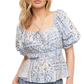 Boho Peasant Top Puff Sleeves Tie Front Smocked Waist Blue Patchwork Print