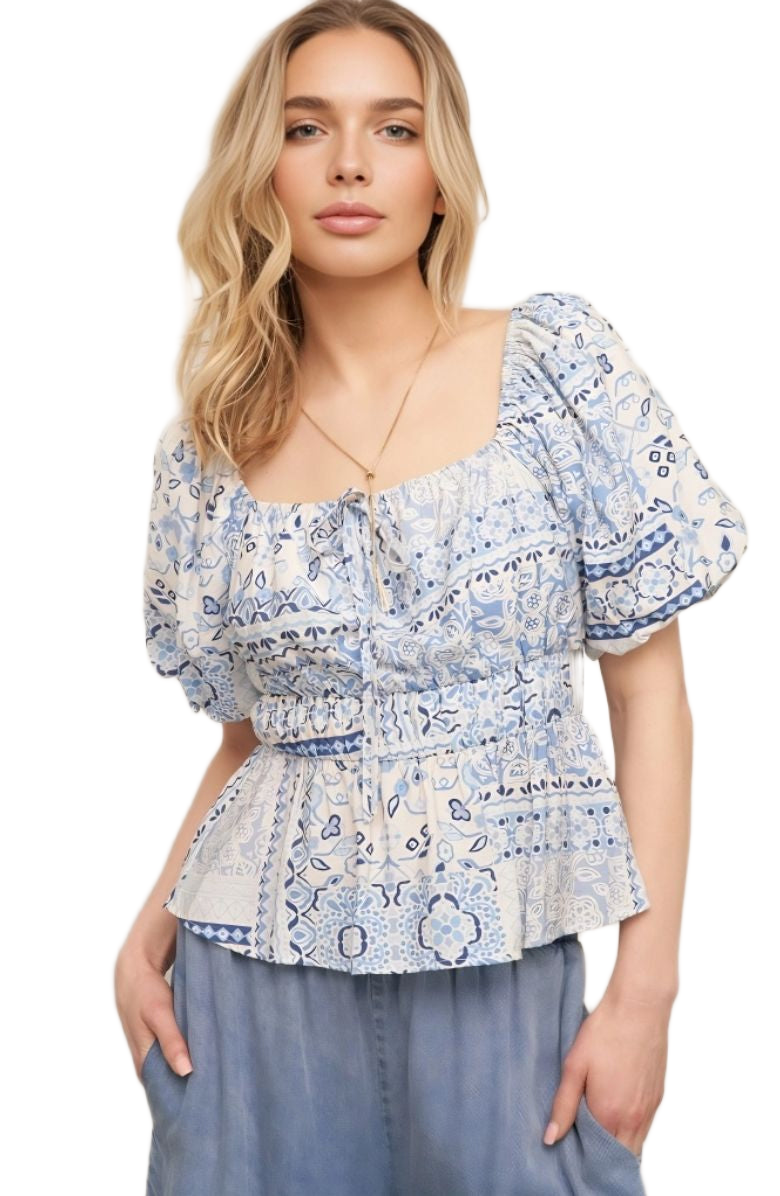 Boho Peasant Top Puff Sleeves Tie Front Smocked Waist Blue Patchwork Print