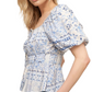 Boho Peasant Top Puff Sleeves Tie Front Smocked Waist Blue Patchwork Print