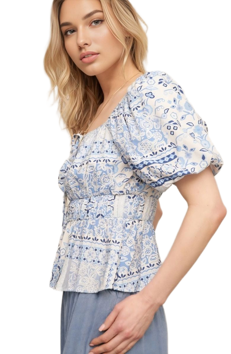 Boho Peasant Top Puff Sleeves Tie Front Smocked Waist Blue Patchwork Print