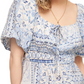 Boho Peasant Top Puff Sleeves Tie Front Smocked Waist Blue Patchwork Print