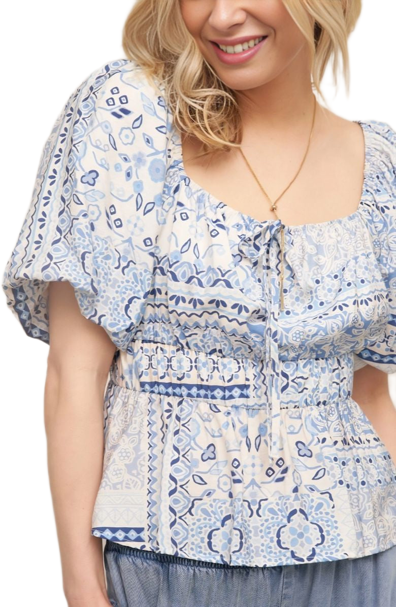 Boho Peasant Top Puff Sleeves Tie Front Smocked Waist Blue Patchwork Print