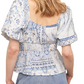 Boho Peasant Top Puff Sleeves Tie Front Smocked Waist Blue Patchwork Print
