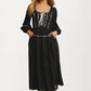 Black Long Sleeve Lace-Up Maxi Dress with Embroidery