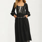 Black Long Sleeve Lace-Up Maxi Dress with Embroidery