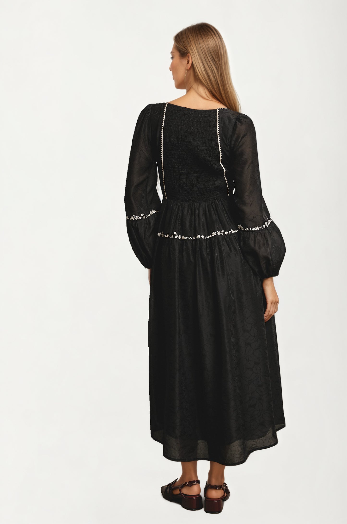 Black Long Sleeve Lace-Up Maxi Dress with Embroidery