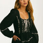 Black Long Sleeve Lace-Up Maxi Dress with Embroidery