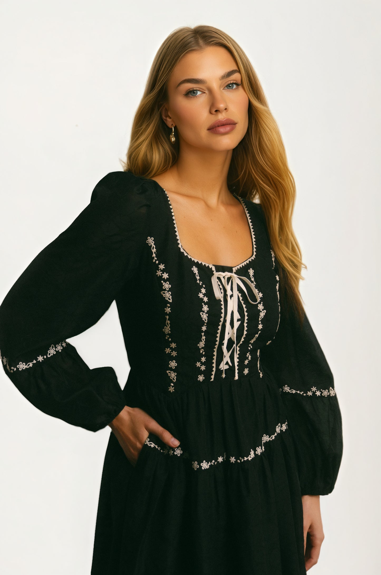 Black Long Sleeve Lace-Up Maxi Dress with Embroidery